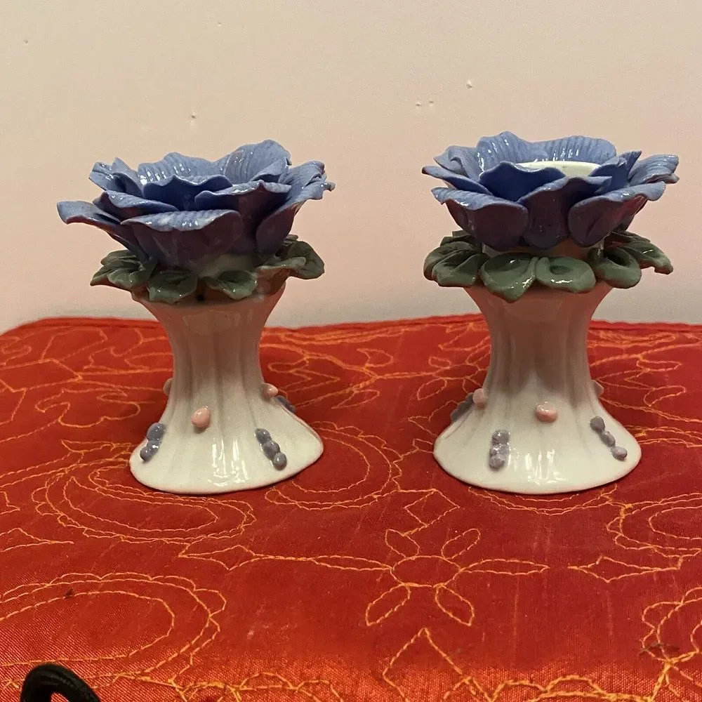 Lot of 2 VTG Blue Rose Porcelain Candlestick Holders One Perfect, One Lil Damage